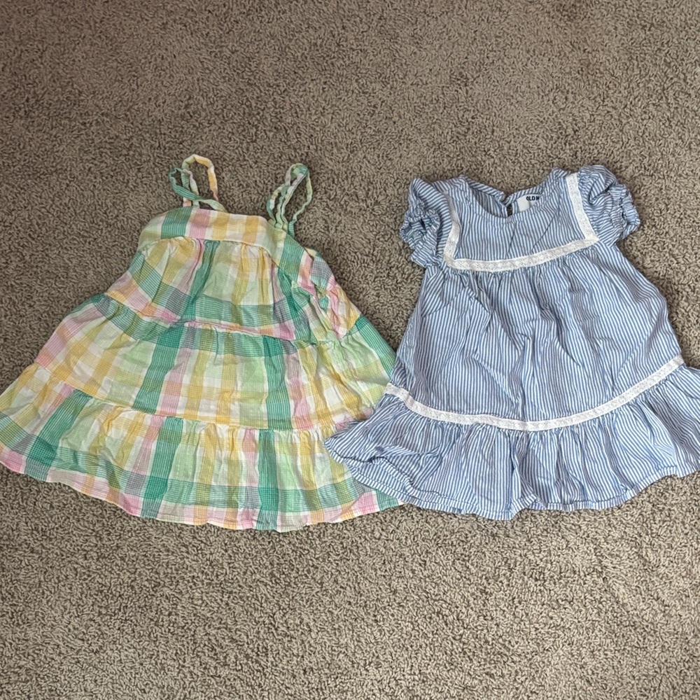 Old Navy Pastel Plaid Tiered Sundress & Blue Stripe Ruffle Dress - Girls